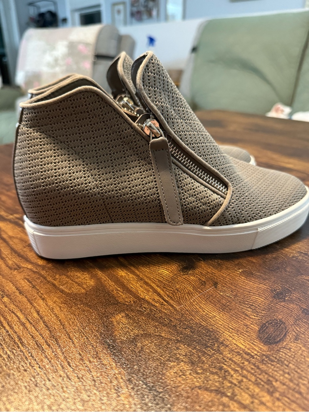 Steve Madden Taupe Perforated Wedge Sneaker with Side Zip
